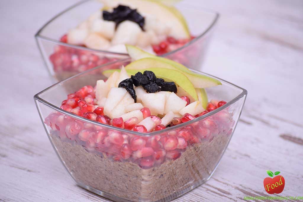 Chia seed pudding with plum pear and pomegranate